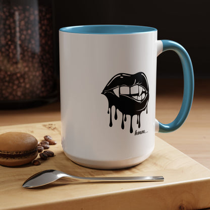 Black accent Dripping Bite coffee mug by Printify, 11oz or 15oz size, featuring a unique dripping bite design on ceramic mug.