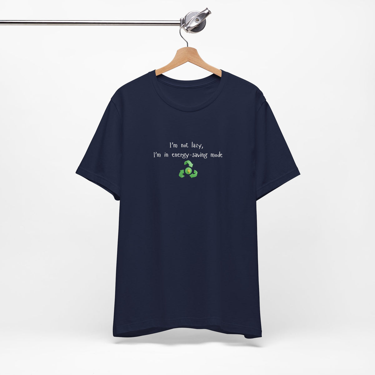 Eco-friendly mock T-shirt from Printify featuring humorous "I’m Not Lazy, I’m an Energy-Saving Mock" design on a casual tee.
