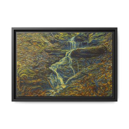 Framed matte canvas wall art of an autumn forest with a waterfall, by Printify, showcasing vibrant fall colors and natural scenery.
