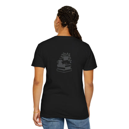 Cozy Cat on Books T-Shirt | Reading Tea Stack Illustration