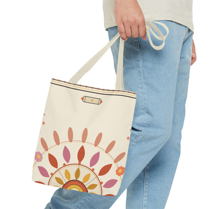 Boho floral mandala tote bag with pastel sunburst pattern, casual fabric bag by Printify featuring vibrant bohemian floral design.