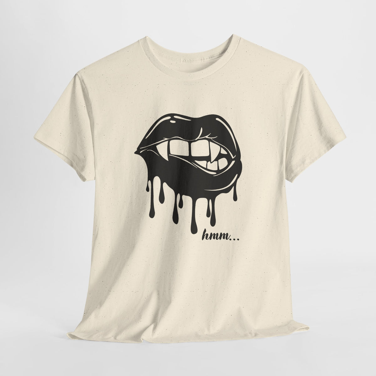 Black graphic T-shirt by Printify featuring dripping lips with "hmm..." bite design on the front.