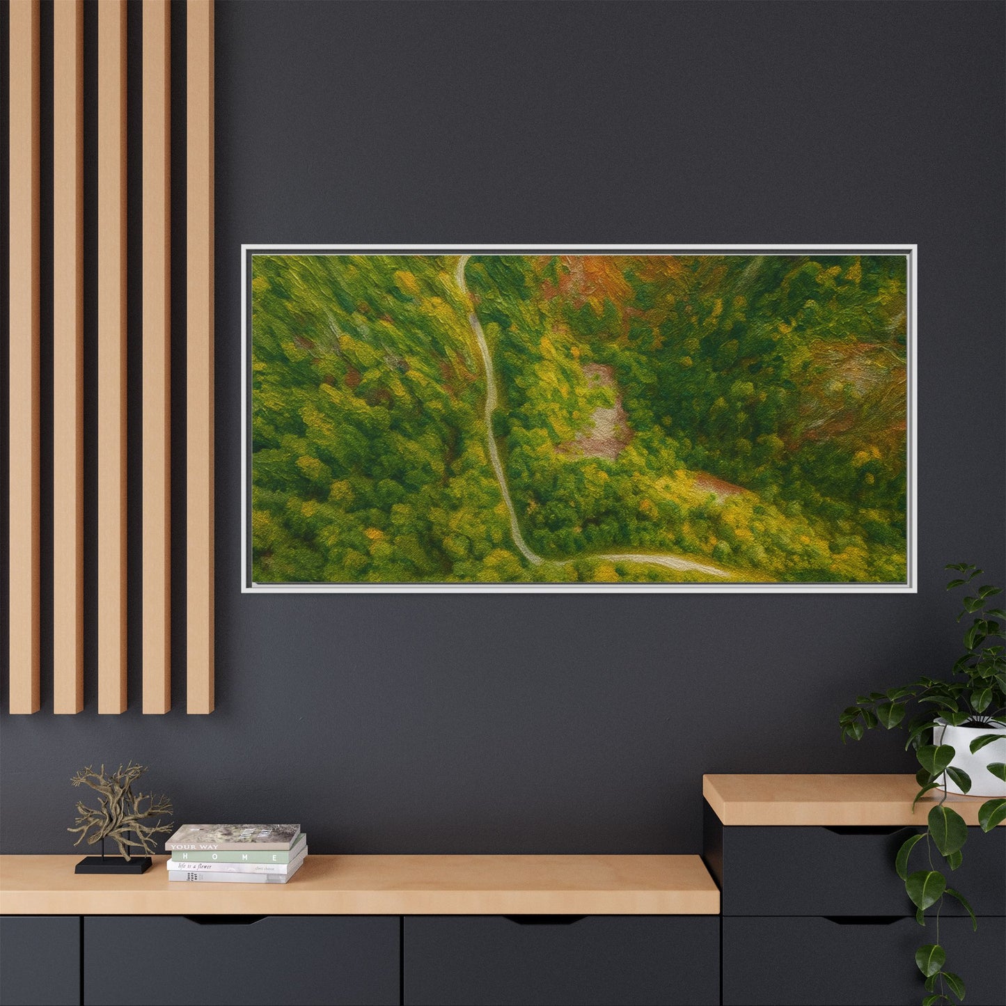 Colorful framed matte canvas wall art featuring an aerial forest path landscape by Printify.