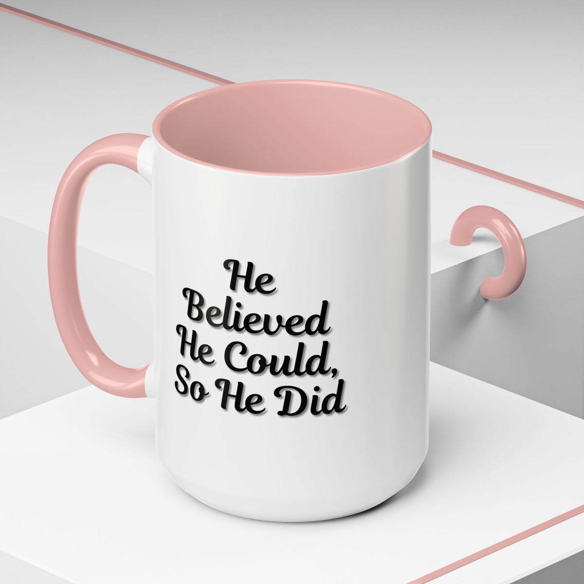 Printify inspirational coffee mug with "He Believed He Could So He Did" quote, ceramic mug for motivational drinking.