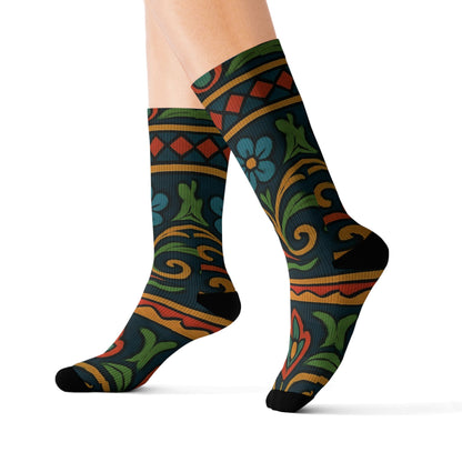 Victorian floral tile sublimation crew socks with all-over floral pattern by Printify, featuring vibrant Victorian-inspired design.