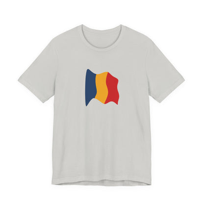 Romania flag T-shirt by Printify featuring a minimal waving tricolor design on a casual cotton tee.