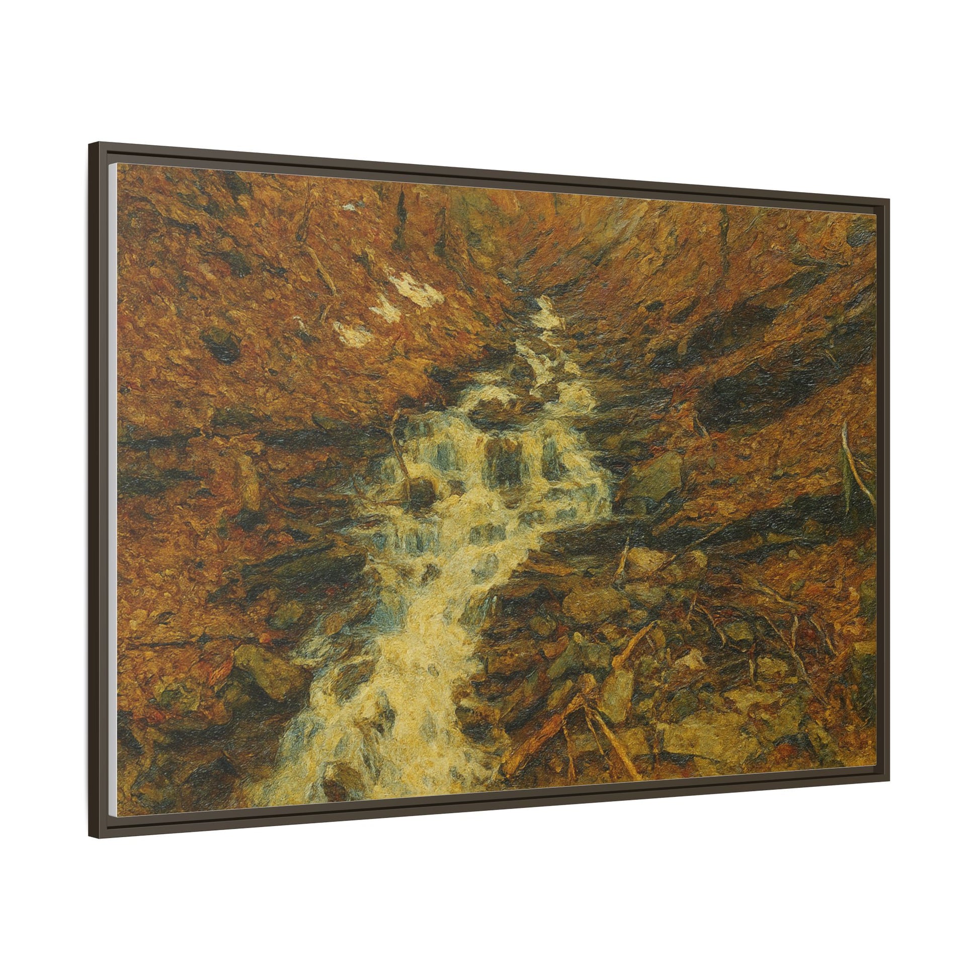 Framed matte canvas print of autumn stream landscape artwork by Printify, showcasing colorful fall trees and flowing water.