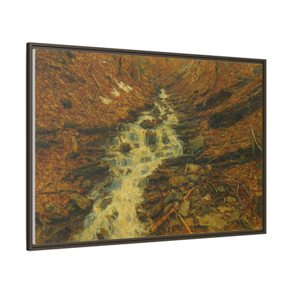 Framed matte canvas print of autumn stream landscape artwork by Printify, showcasing colorful fall trees and flowing water.