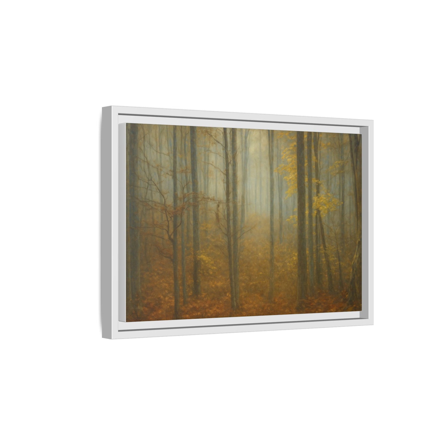 Framed matte canvas wall art of a misty autumn forest, featuring vibrant fall colors and natural landscape details.