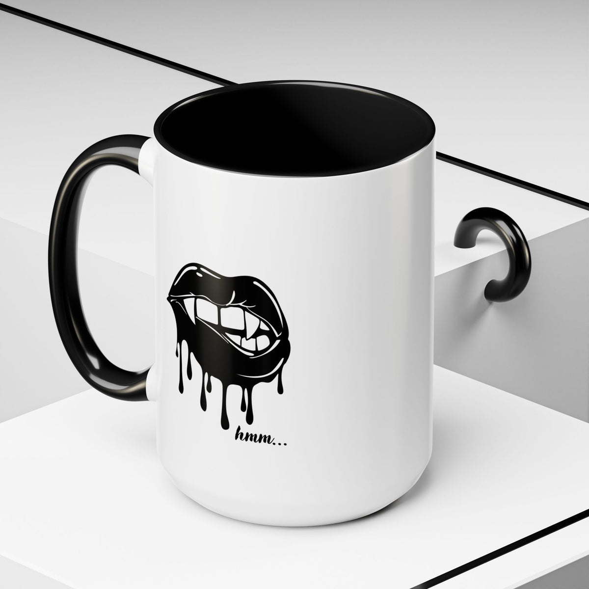 Black Dripping Bite Coffee Mug by Printify, 11oz or 15oz ceramic mug with unique dripping design and black accent.
