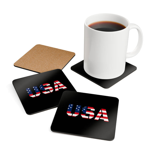 USA flag corkwood coaster set featuring four patriotic drink coasters for 4th of July and everyday use.