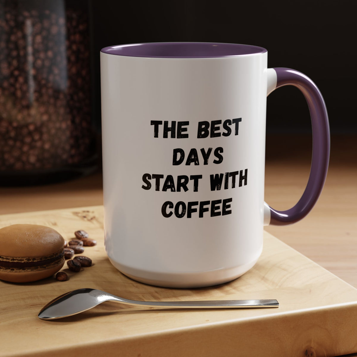 Ceramic coffee mug with the phrase "The Best Days Start With Coffee" in black text, 11oz size, on a white background.