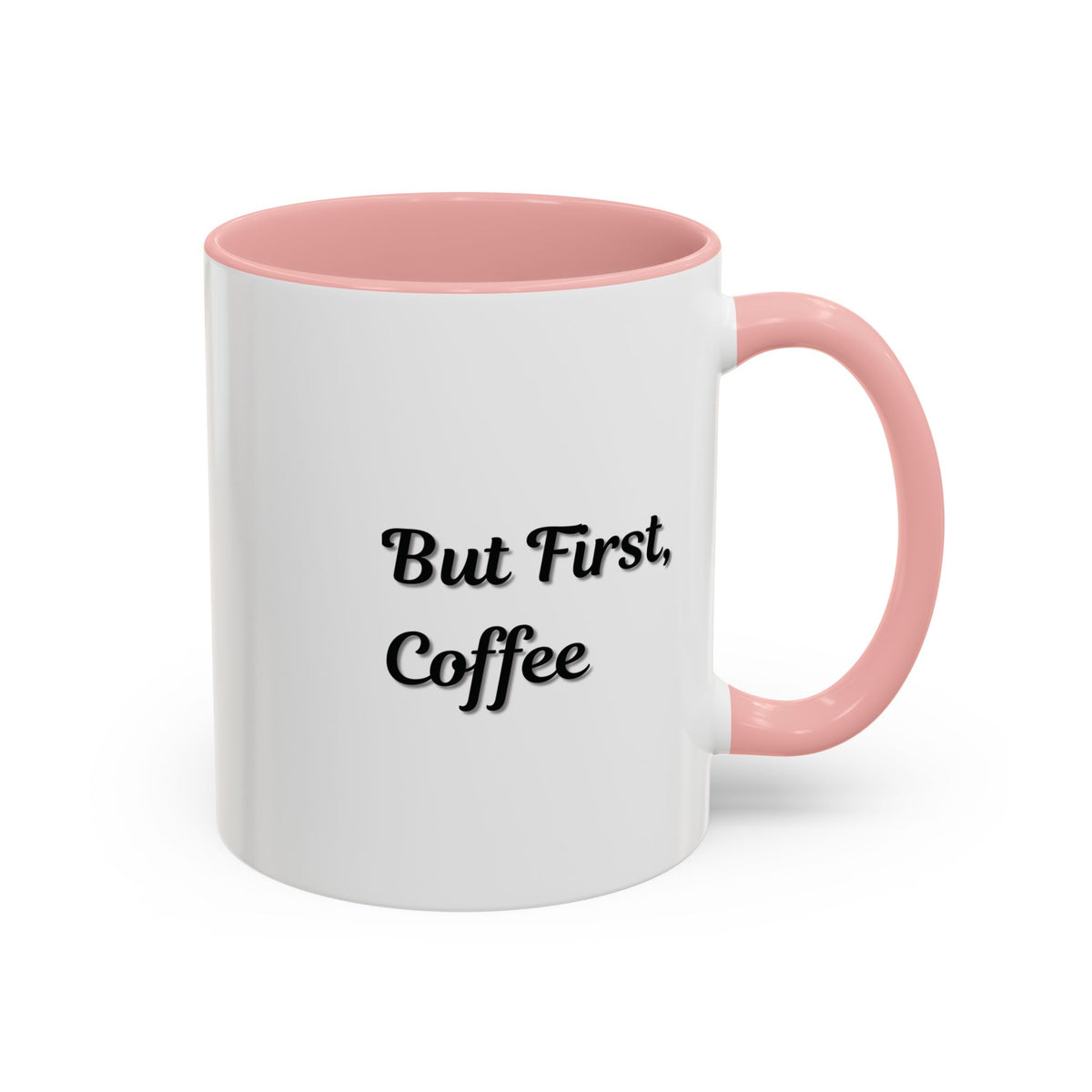 Black Handle and Rim Coffee Mug with "But First Coffee" print, 11oz, 15oz sizes, by Printify, on a plain background.