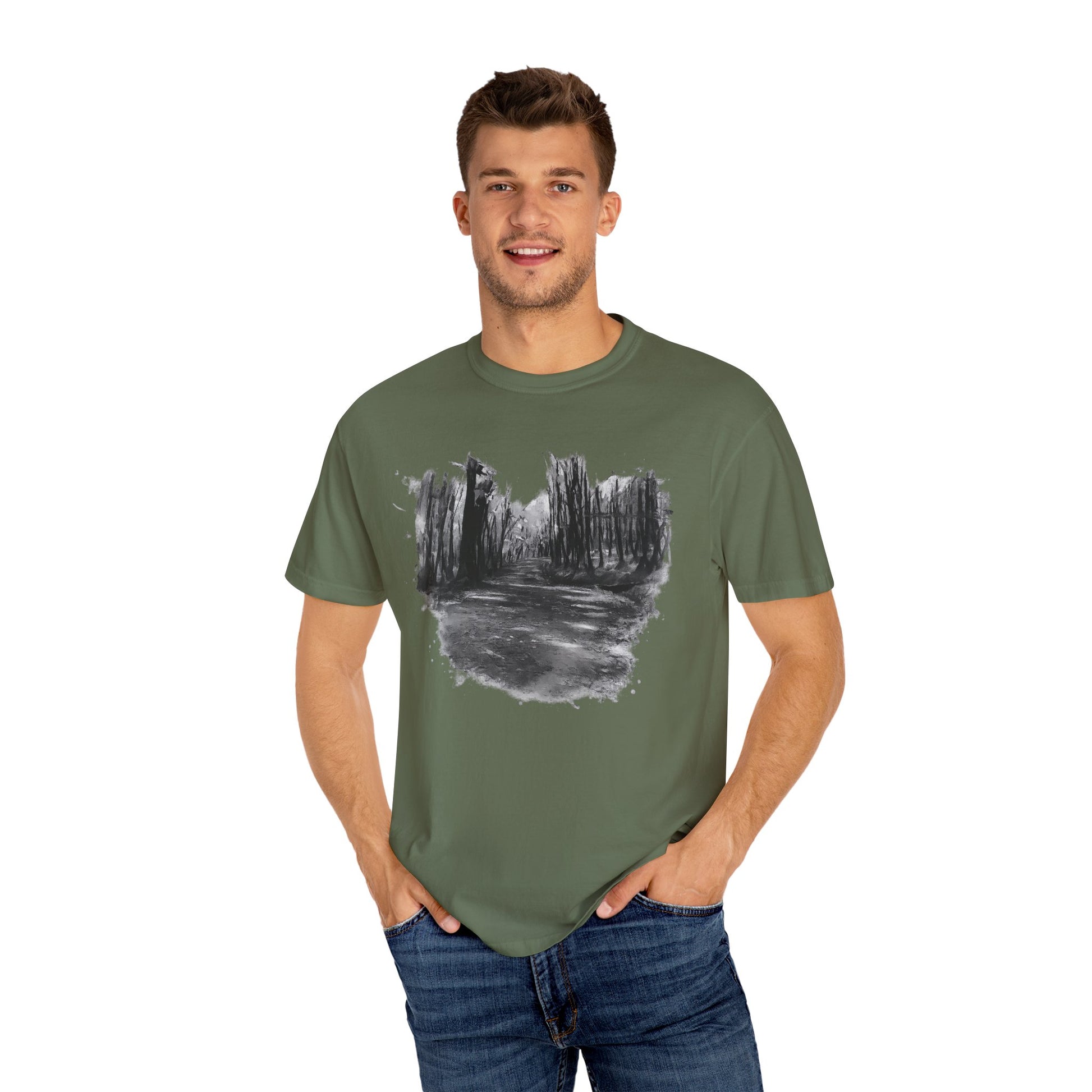 Artistic Forest Scene T-shirt | Nature Lover Gift, Outdoor Adventure Tee, Eco-Friendly Fashion, Vintage Inspired Clothing, Unisex Gift - TRV