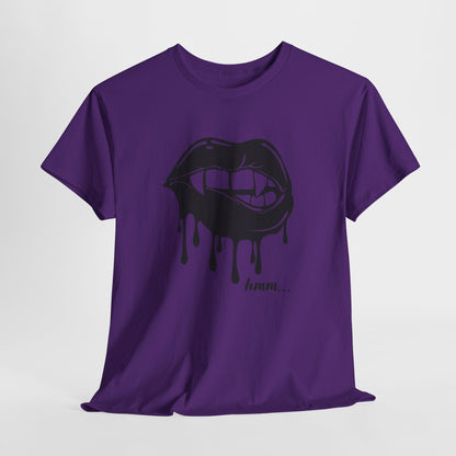 Graphic T-shirt by Printify featuring a dripping lips design with the word "hmm..." in a bold, eye-catching style.