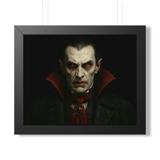 Framed vampire portrait poster featuring a gothic vampire character, printed by Printify, with dark, detailed artwork.