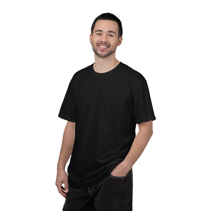 Black T-shirt featuring a minimal finger heart graphic design, by Printify, with a simple black heart on the front.