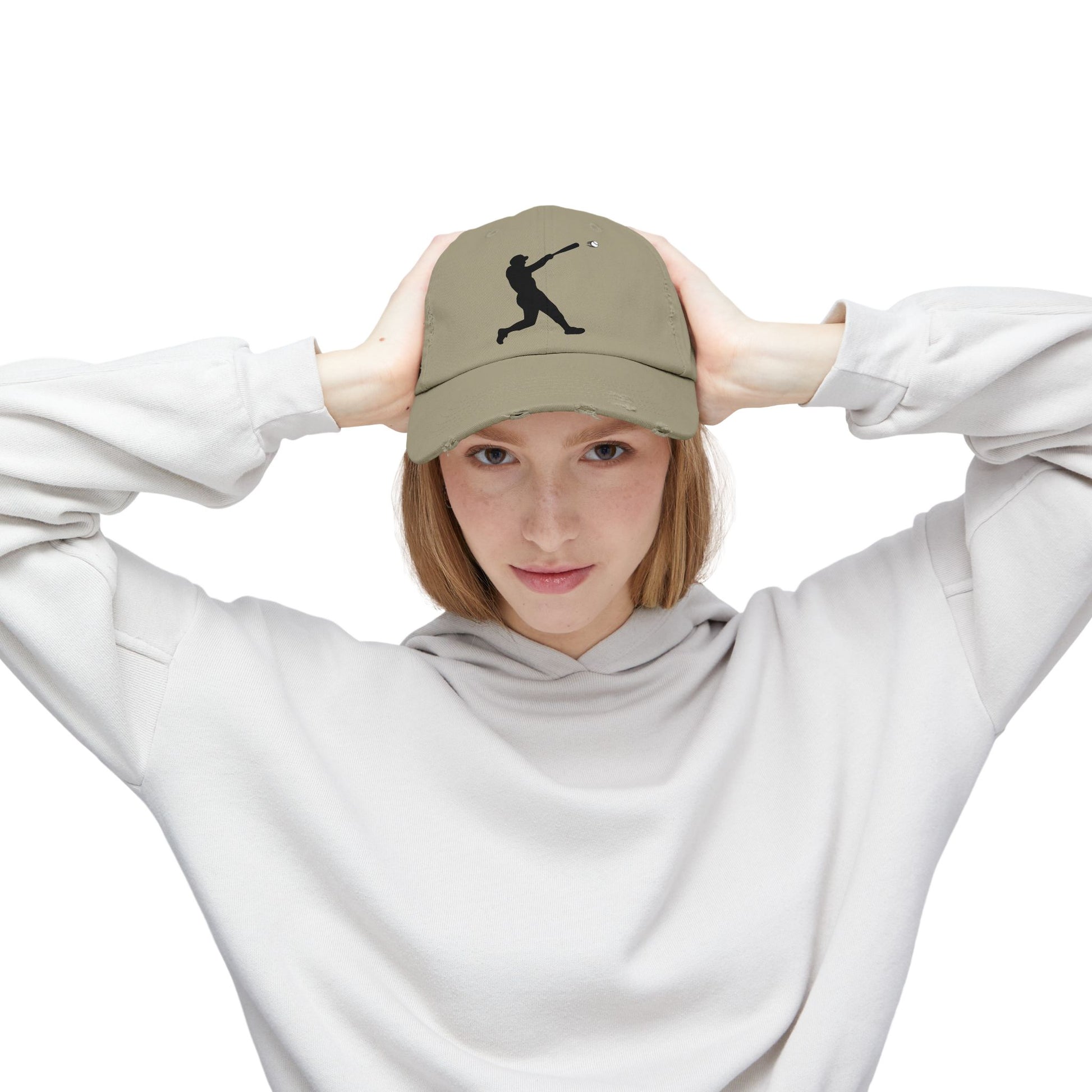 Distressed baseball cap with silhouette batter design, casual hat by Printify showcasing a worn, vintage style.