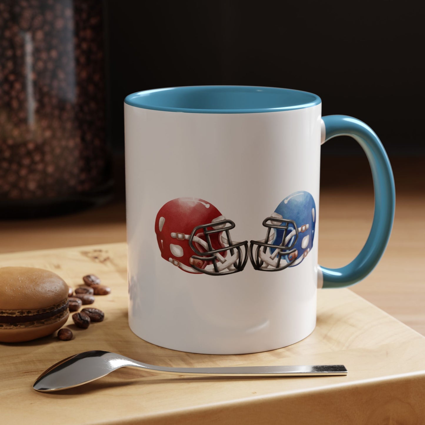 Football Helmet Coffee Mug — Red vs Blue Rivalry Accent Mug (11/15oz)