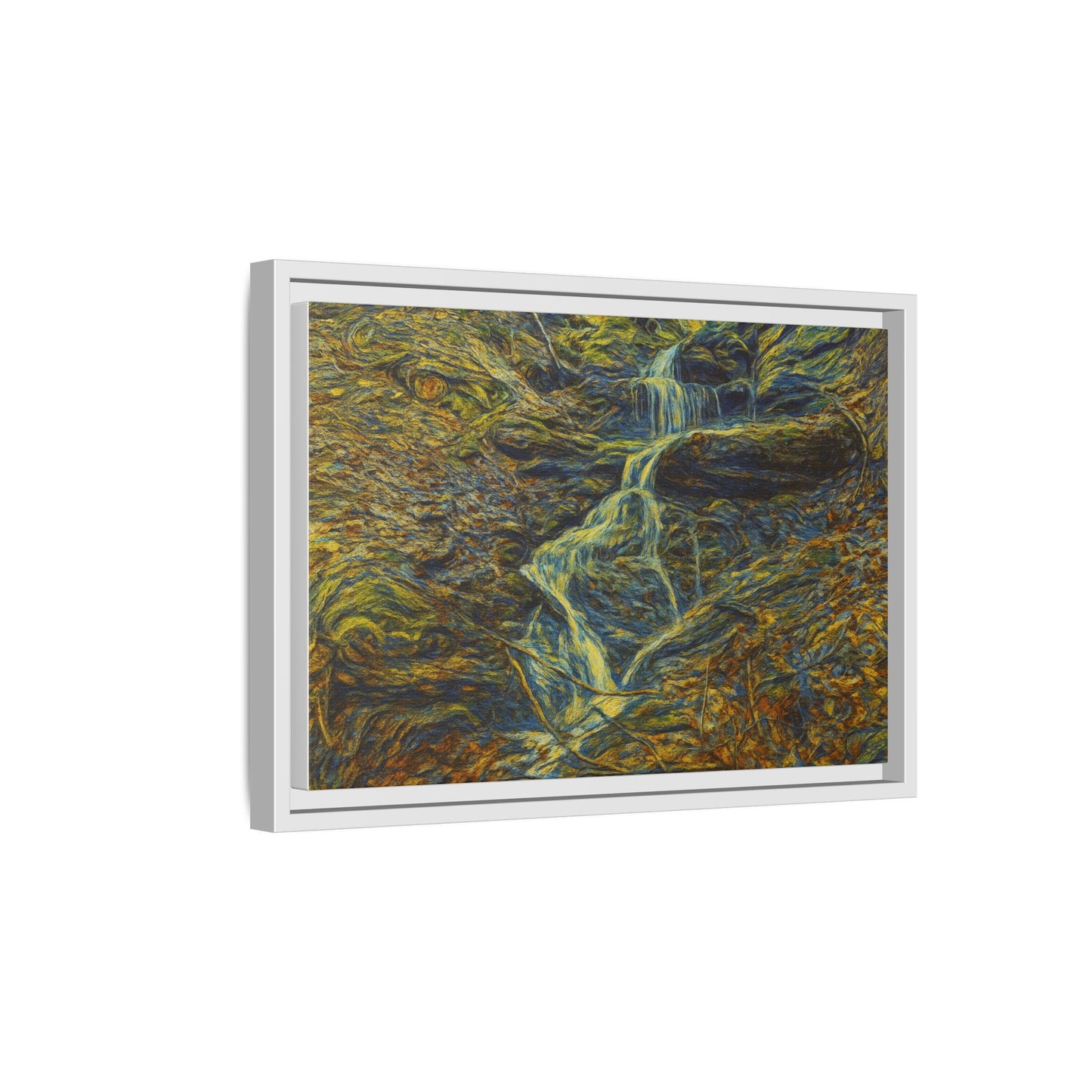 Framed matte canvas wall art featuring a scenic autumn forest with a waterfall, by Printify, perfect for nature-inspired decor.