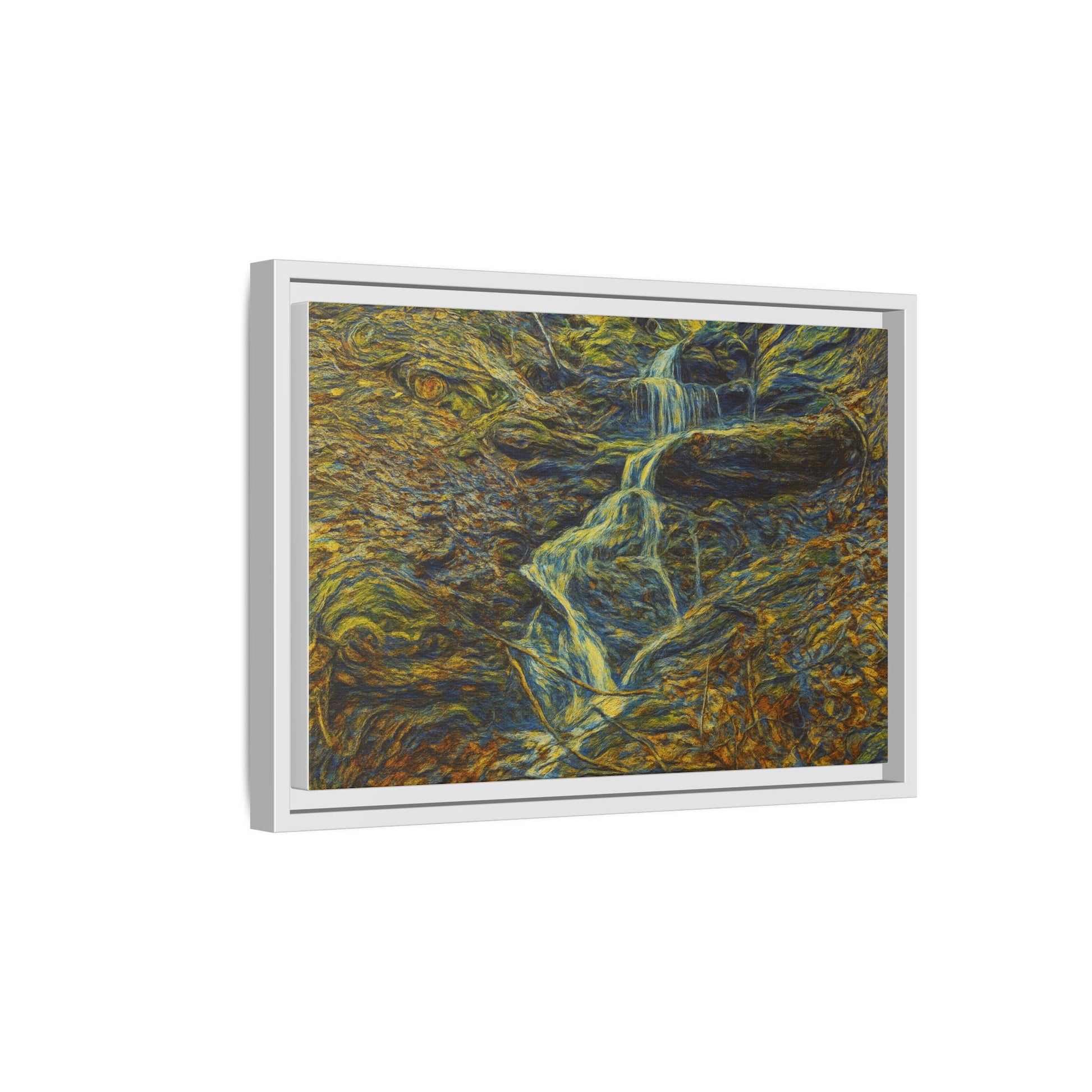 Framed matte canvas wall art featuring a scenic autumn forest with a waterfall, by Printify, perfect for nature-inspired decor.