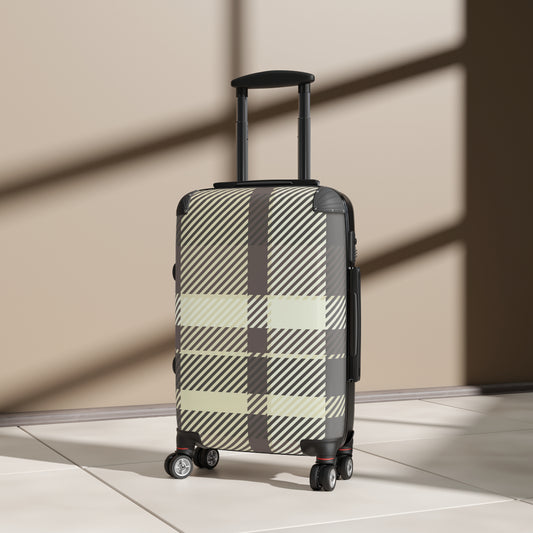 Plaid Carry-On Suitcase — Neutral Beige & Black Travel Luggage
