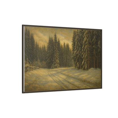 Framed matte canvas wall art featuring a winter forest landscape with trees and snow, by Printify.