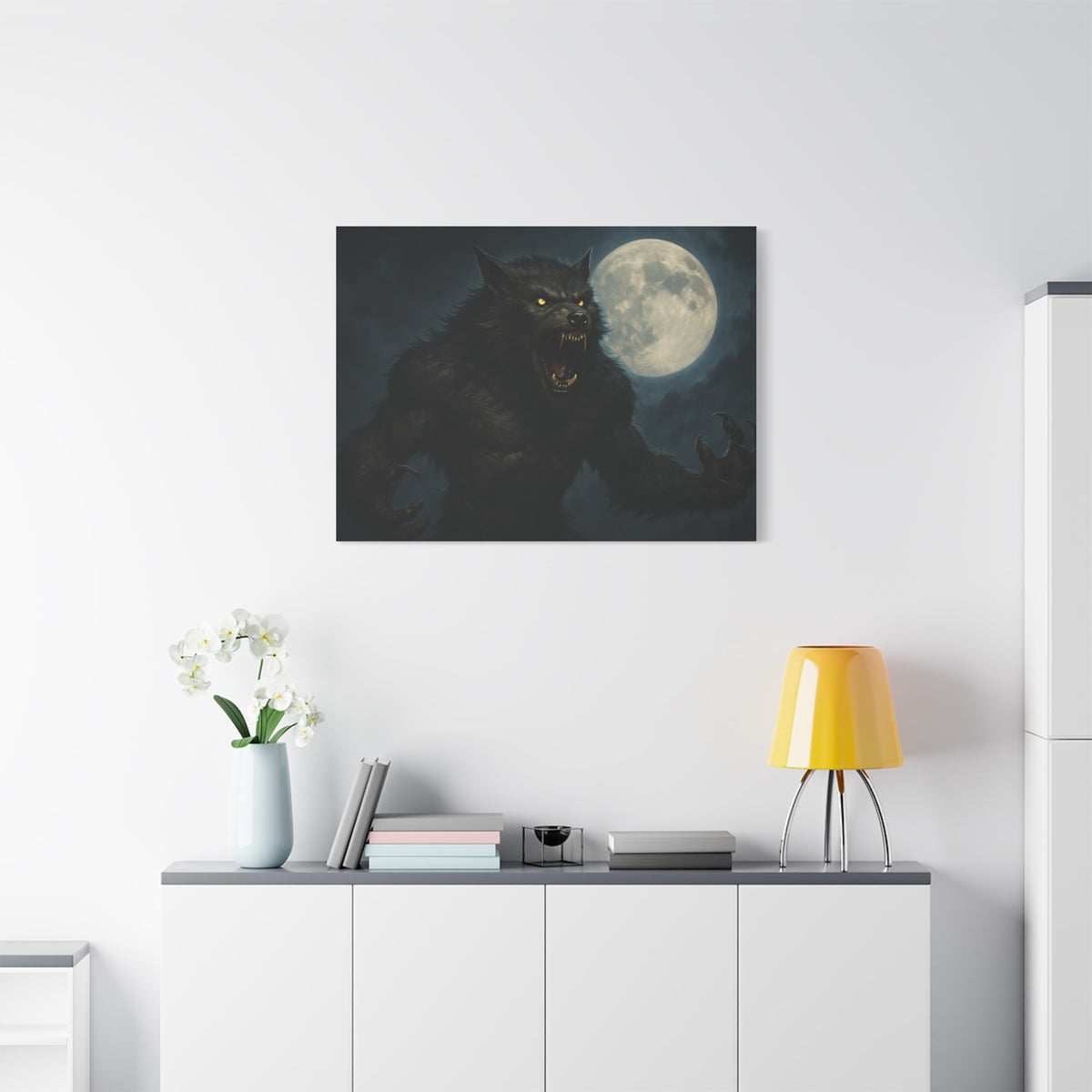 Spooky werewolf moon matte canvas print featuring a full moon and eerie night scene, perfect for wall decor.
