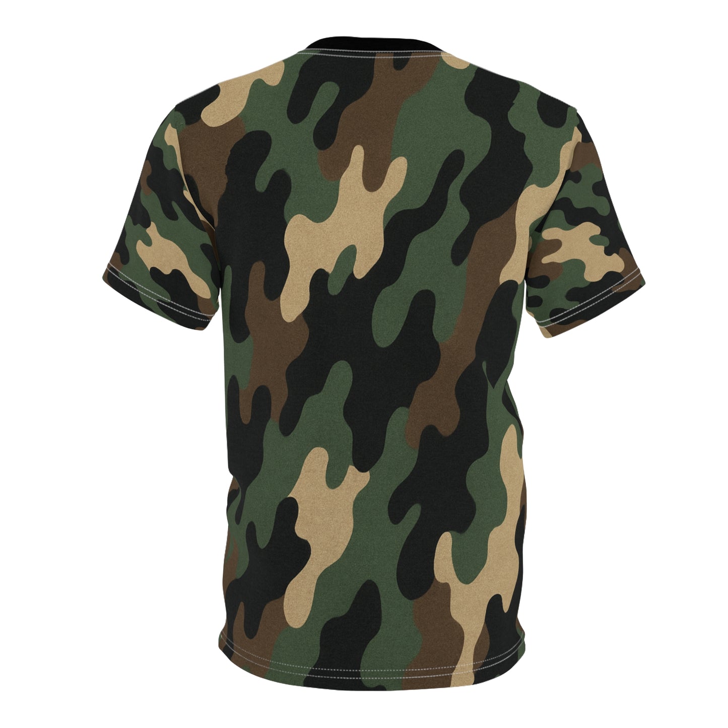 Printify woodland camouflage all-over print tee featuring classic woodland camouflage pattern on a casual shirt.