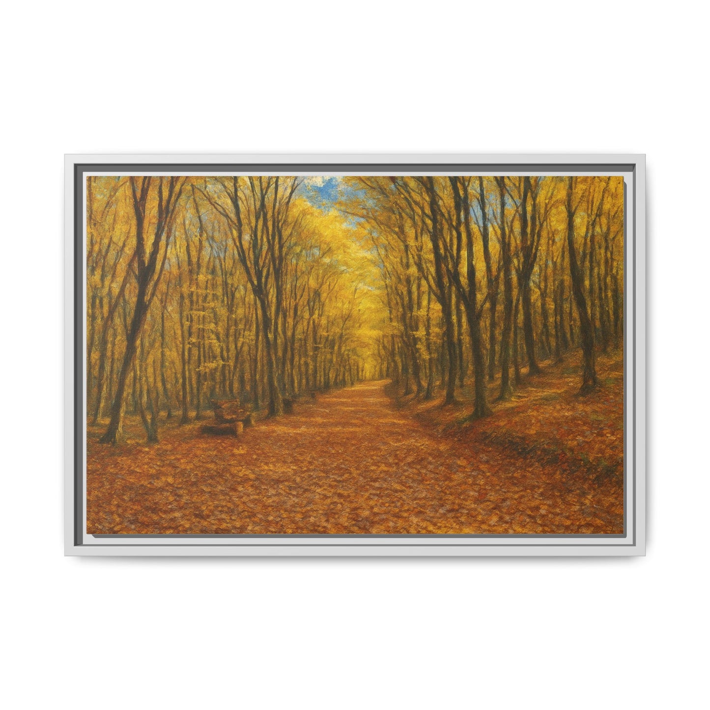 Autumn Forest Path matte canvas framed wall art by Printify featuring a scenic forest trail in fall colors.