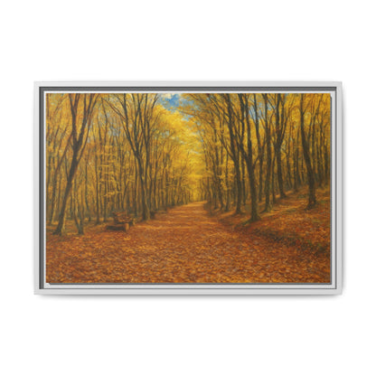 Autumn Forest Path matte canvas framed wall art by Printify featuring a scenic forest trail in fall colors.