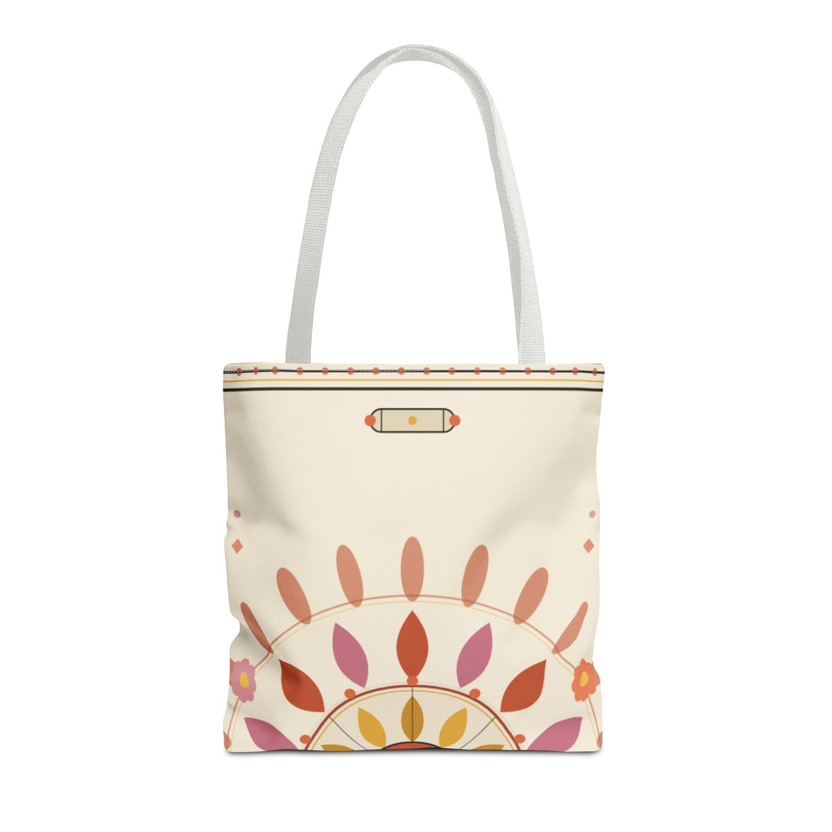 Boho floral mandala tote bag with pastel sunburst pattern from Printify, showcasing a spacious canvas bag with colorful floral and geometric design.