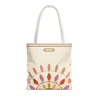 Boho floral mandala tote bag with pastel sunburst pattern from Printify, showcasing a spacious canvas bag with colorful floral and geometric design.