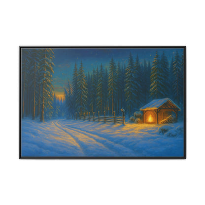 Cozy winter cabin matte framed canvas wall art featuring a snowy forest evening scene by Printify.