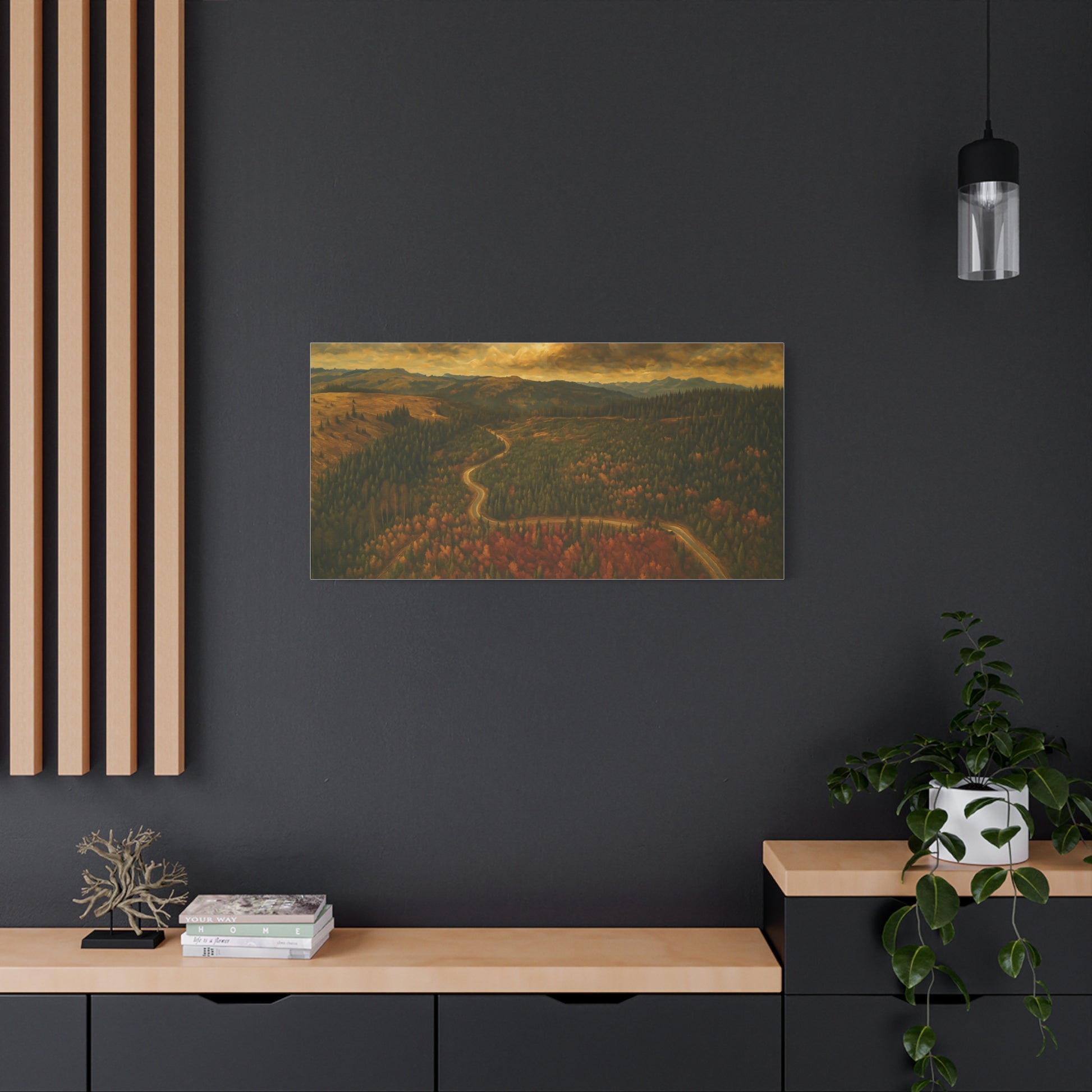 Autumn Ridge Road matte stretched canvas featuring a moody forest landscape wall art by Printify.