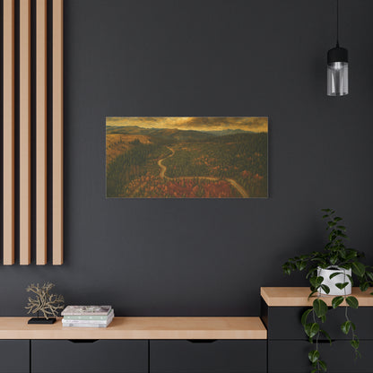 Autumn Ridge Road matte stretched canvas featuring a moody forest landscape wall art by Printify.