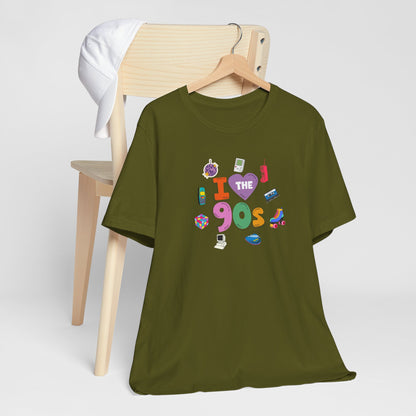 I  Love the 90's Short Sleeve Tee - Retro Graphic Tee, Vintage Style Shirt, Perfect for Casual Outings, 90s Nostalgia Apparel
