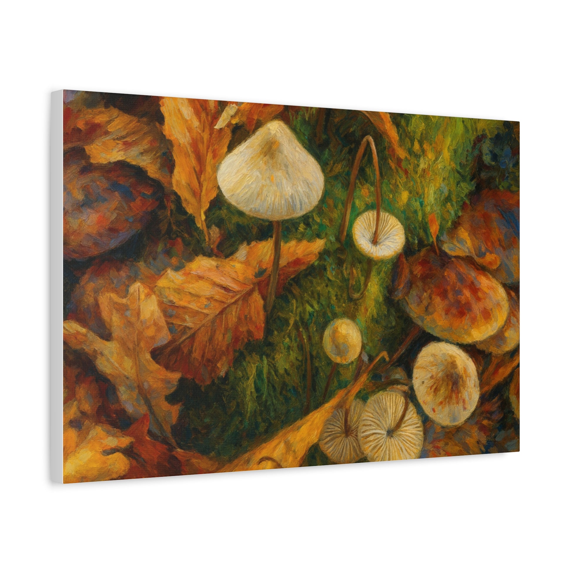 Autumn Mushrooms canvas print by Printify featuring colorful mushrooms on a textured canvas background.