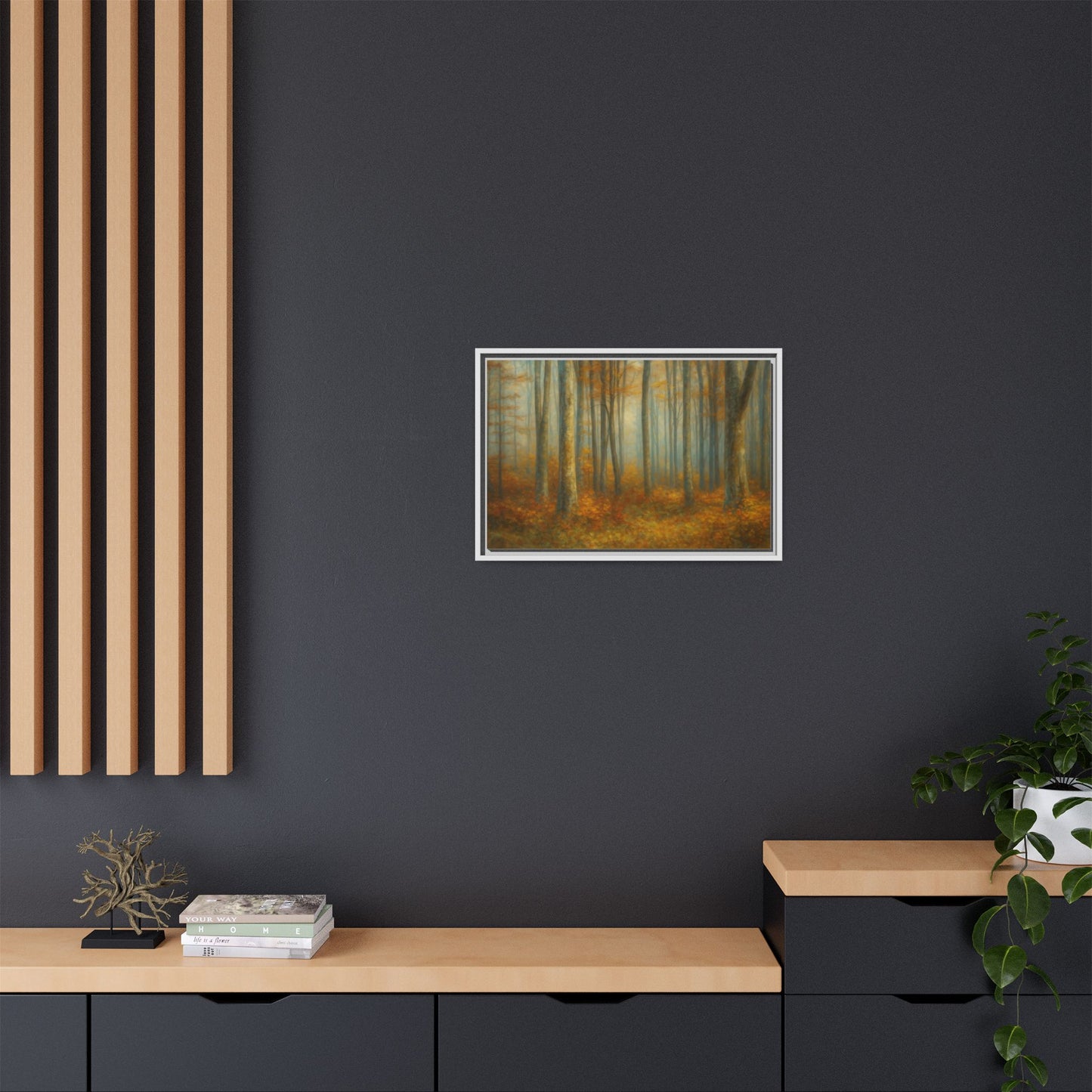 Framed autumn forest canvas print featuring misty woodland scene, wall art decor by Printify, showcasing vibrant fall colors.