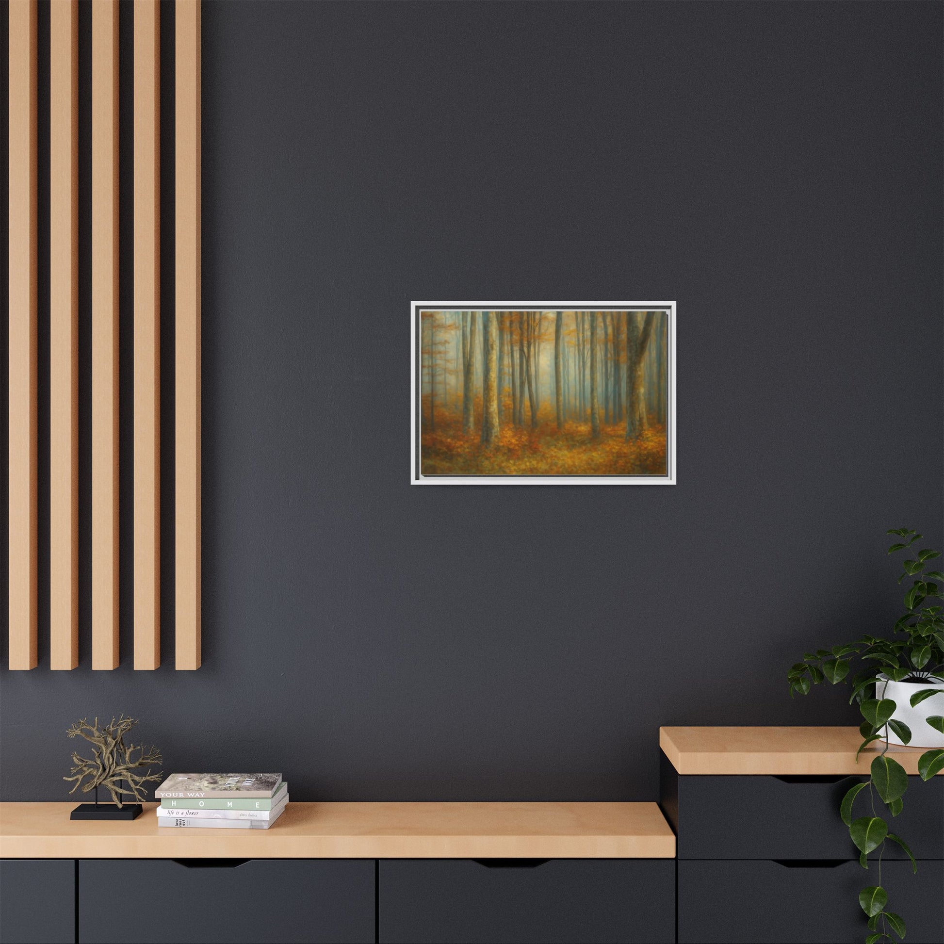 Framed autumn forest canvas print featuring misty woodland scene, wall art decor by Printify, showcasing vibrant fall colors.