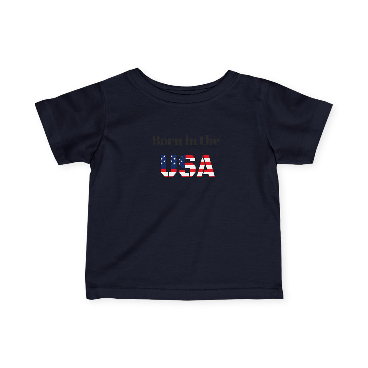 Infant "Born in the USA" patriotic baby T-shirt from Printify, featuring red, white, and blue design with American flag motif.