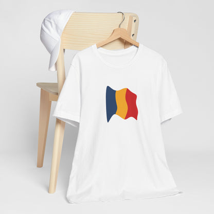 Romania flag T-shirt by Printify featuring a minimal waving tricolor design on a casual tee.