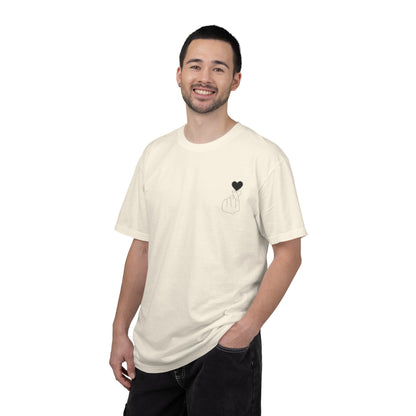 Black T-shirt with a minimal white finger heart graphic, casual style, by Printify.
