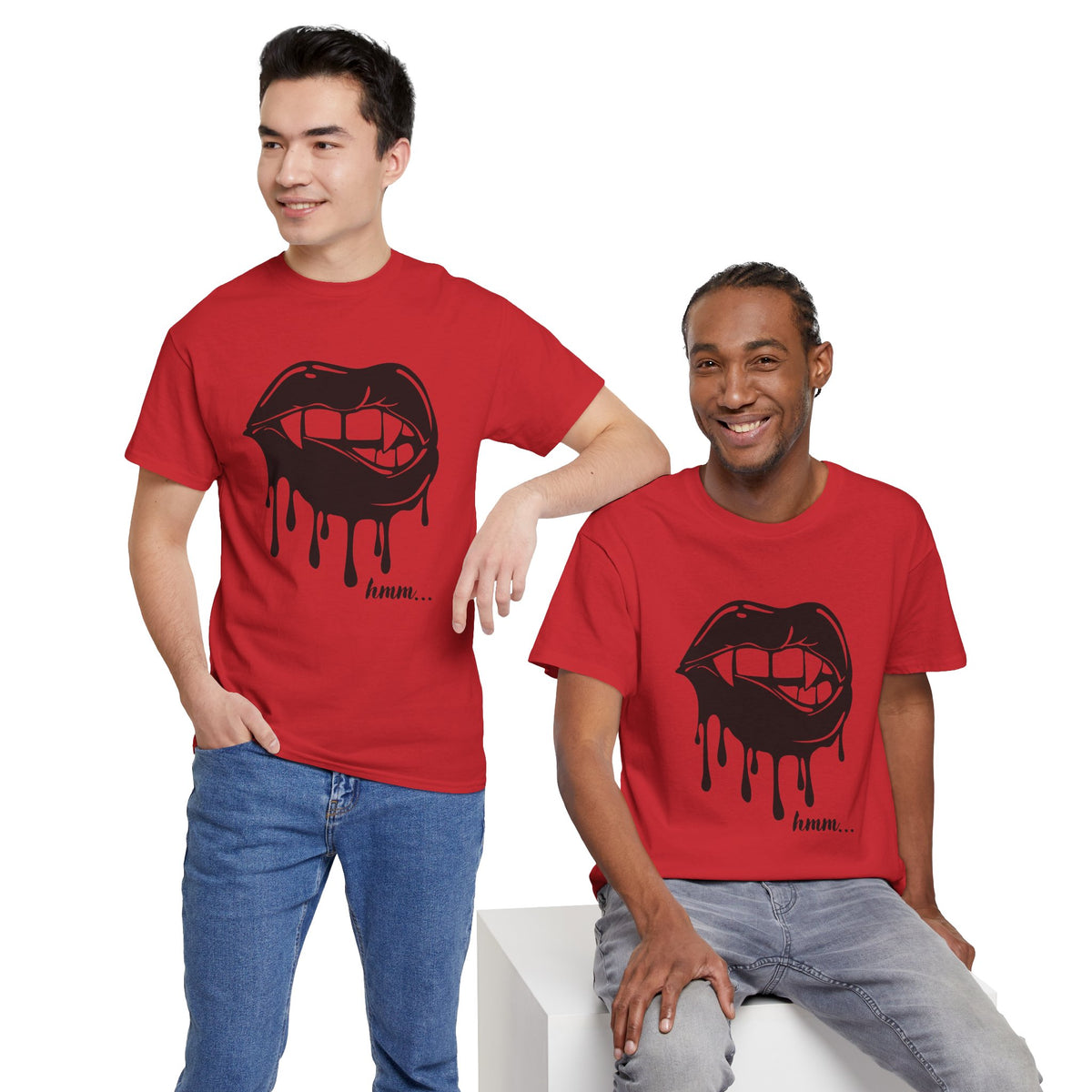 Black graphic T-shirt by Printify featuring dripping lips with "hmm..." bite design on the front.