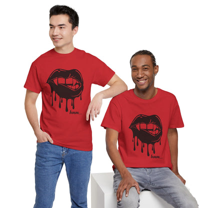 Black graphic T-shirt by Printify featuring dripping lips with "hmm..." bite design on the front.