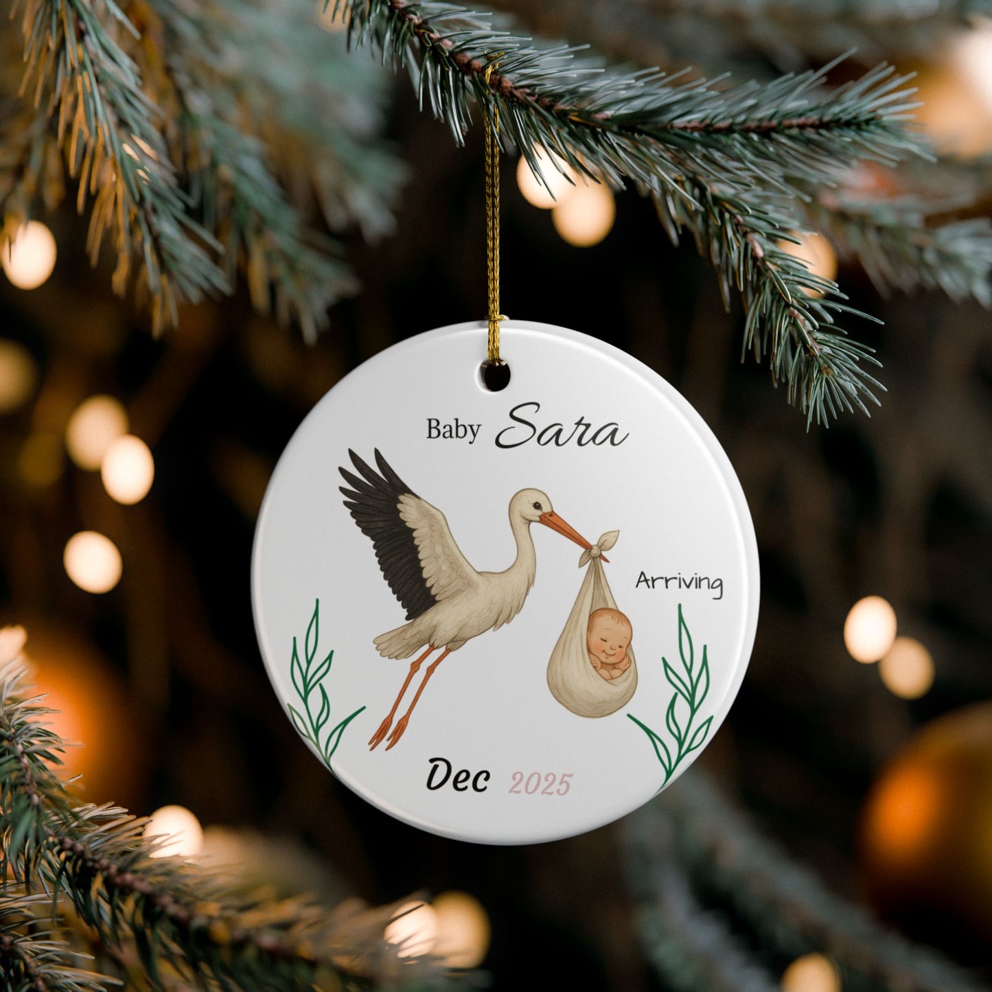 Stork with Baby, Personalized Name and Due Date Ornament Ceramic Ornament - TRV