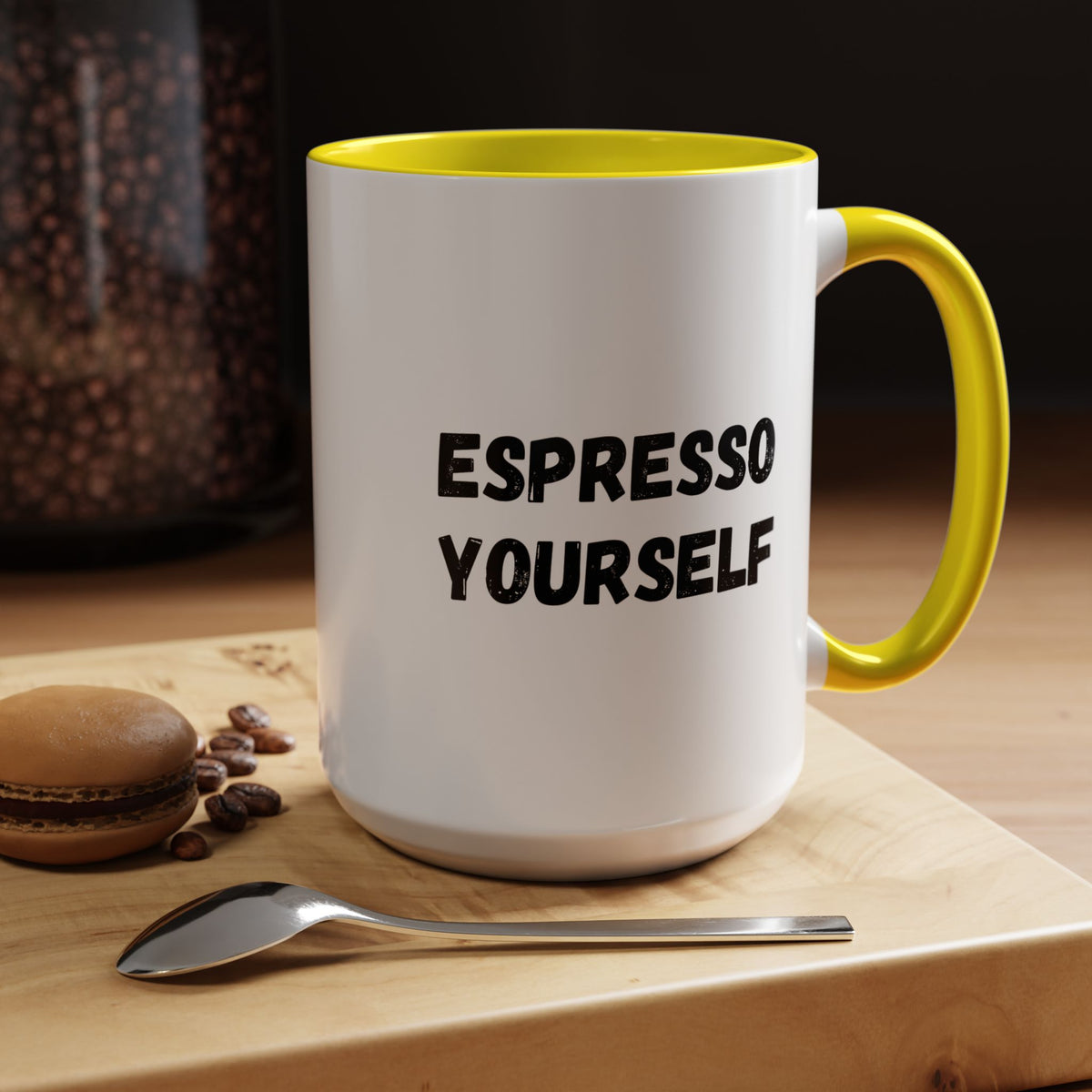 White ceramic espresso mug with “Espresso Yourself” humorous print, 11 oz size, perfect for coffee lovers.