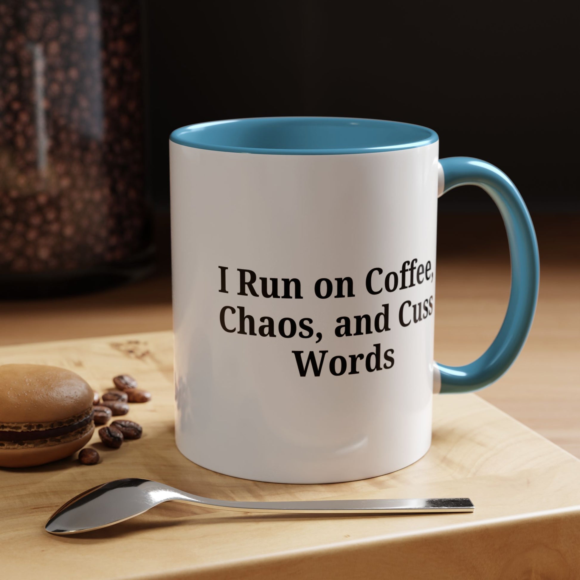 Funny Black Accent Coffee Mug - "I Run on Coffee, Chaos, and Cuss Words" - Ideal Gift for Coffee Lovers - TRV