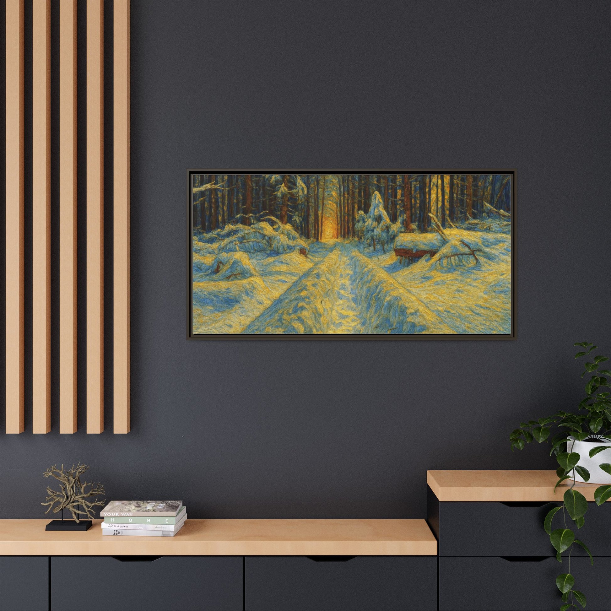 Framed matte canvas print of a snowy forest path at sunset, wall art by Printify showcasing winter landscape scene.