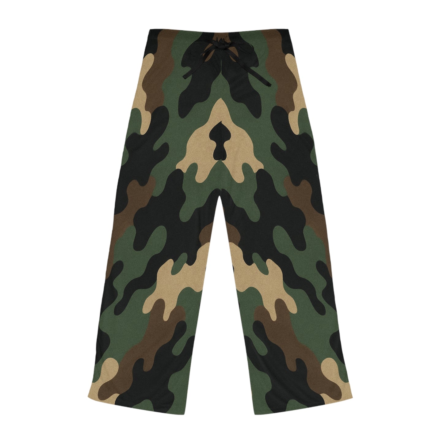 Women's camo lounge pajama pants with wide-leg fit and all-over print, comfortable sleepwear by Printify.